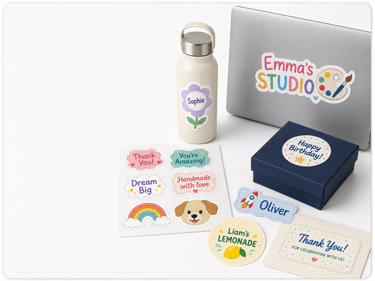 Custom Sticker Sprout labels on a bottle, box, laptop, and label sheet